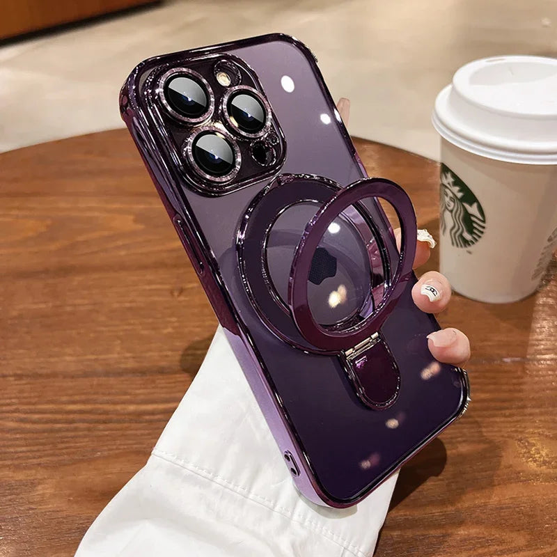 Luxury Plating MagSafe iPhone Case Transparent Acrylic Magnetic Cover with Stand Holder Shockproof PC Bumper Case for iPhone