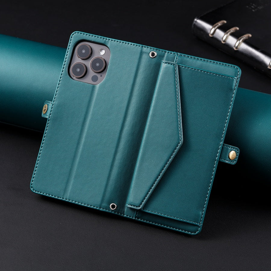 Luxury Dual-Layer Wallet iPhone Case – Flip Leather Cover with Card Slots, Photo Frame, 2 Lanyards, Shockproof Protection, and Stand Feature for iPhone