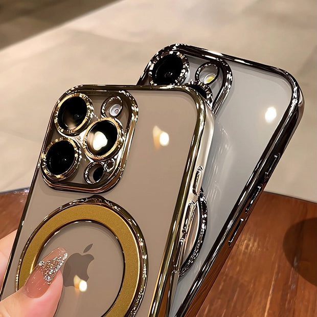Luxury Plating MagSafe iPhone Case Transparent Acrylic Magnetic Cover with Stand Holder Shockproof PC Bumper Case for iPhone