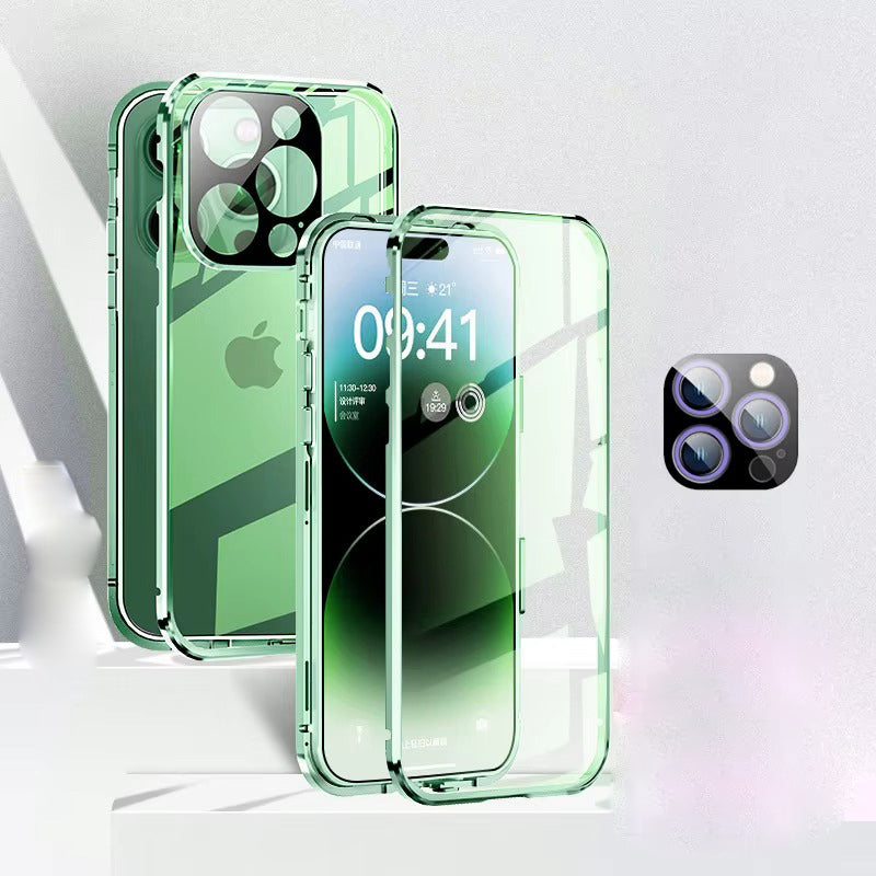 High Quality Apple iPhone Case MagSafe Compatible, Camera Lens & Screen Protection Cover with Double Glass Metal Buckle