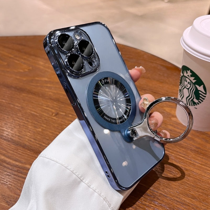 Luxury Ring Holder - Transparent Hard Acrylic Cover, Built-in Bracket, Magnetic Wireless Charging Compatible Case for iPhone