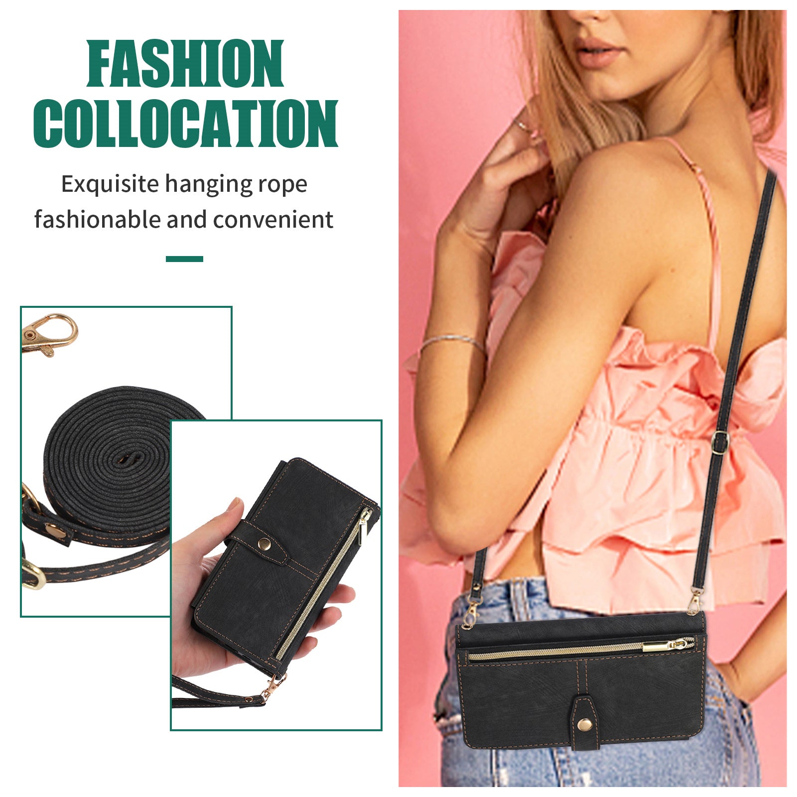 Luxury Crossbody Zipper Wallet iPhone Case – Leather Card Holder, Lanyard Strap, Closure Hands-Free Convenience for iPhone