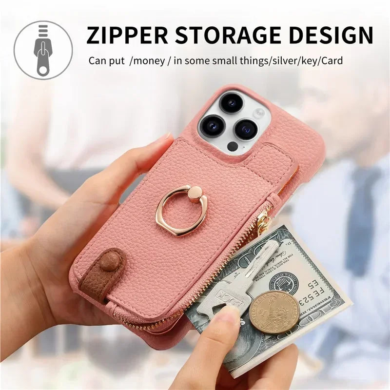 Luxury Leather Zipper Wallet iPhone Case – Card Holder, Ring Kickstand, Shockproof Cover for iPhone Models