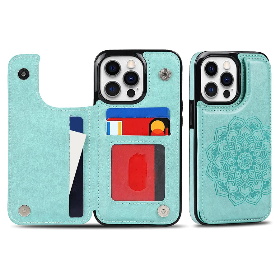 Luxury Wallet Datura Double Buckle iPhone Case – Magnetic Flip, Card Slot, Protective & Stylish Leather Cover Case for iPhone