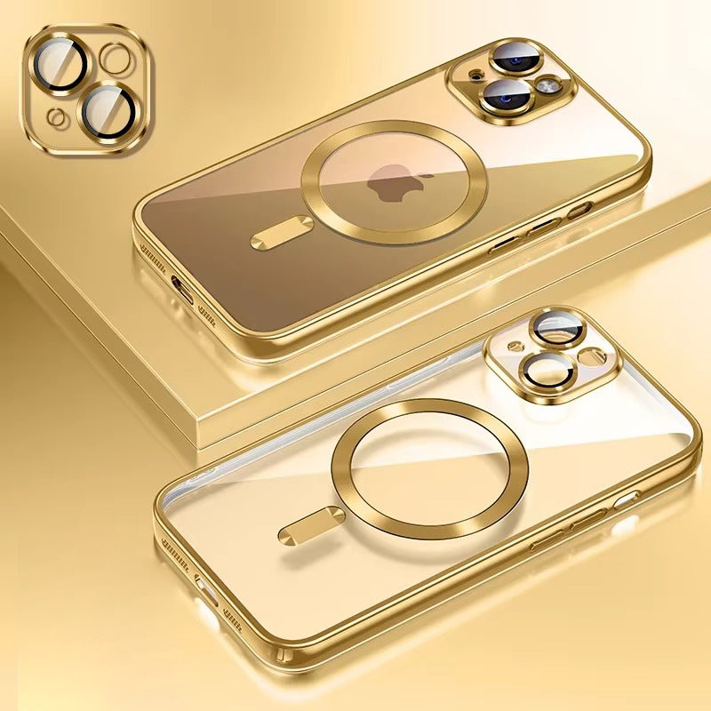 Luxury Apple iPhone Case, MagSafe Compatible, Camera Lens & Screen Protection, Ultra Thin, Shockproof, Magnetic Full All Around Cover – Plating Transparent Silicone TPU Case with Magnetic Back & Lens Film Protection