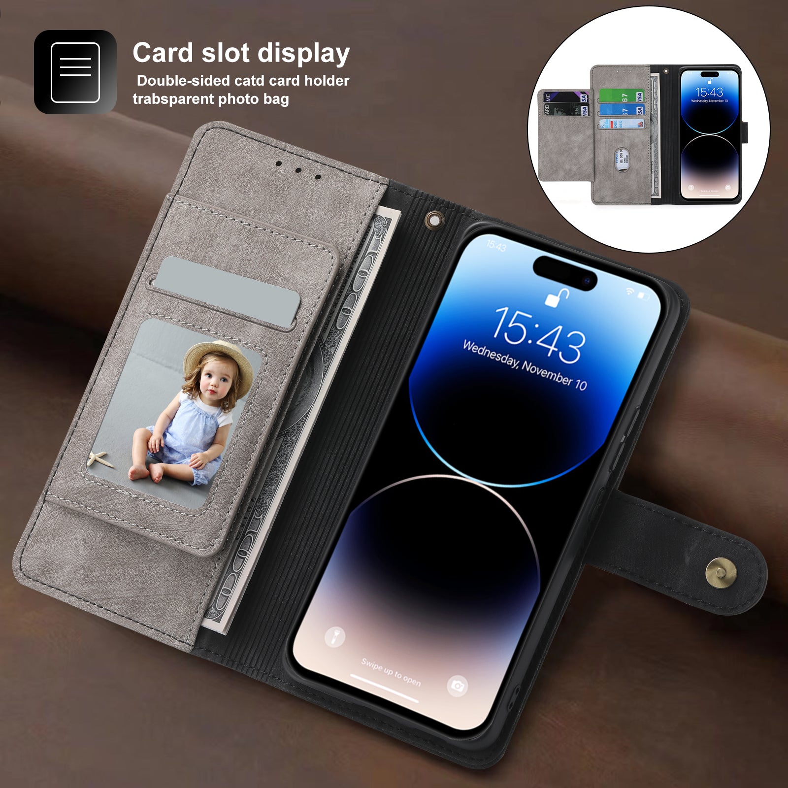 RFID Blocking Leather Wallet iPhone Case – Zipper Flip Cover, Card Slot Holder, Magnetic Stand, Shockproof Protection, Premium Design for iPhone