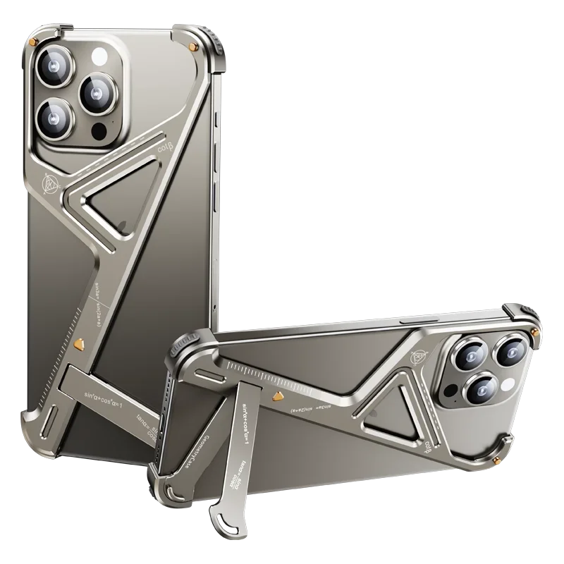 Luxury Geometric Metal iPhone Case – Aluminum Alloy Shockproof Cover with Stand for iPhone Models Stylish and Durable Design