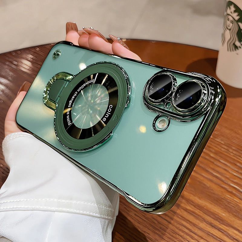 Frameless MagSafe Case with Logo Hole – Transparent Plating Slim Bracket for iPhone Models, Sleek and Durable Design