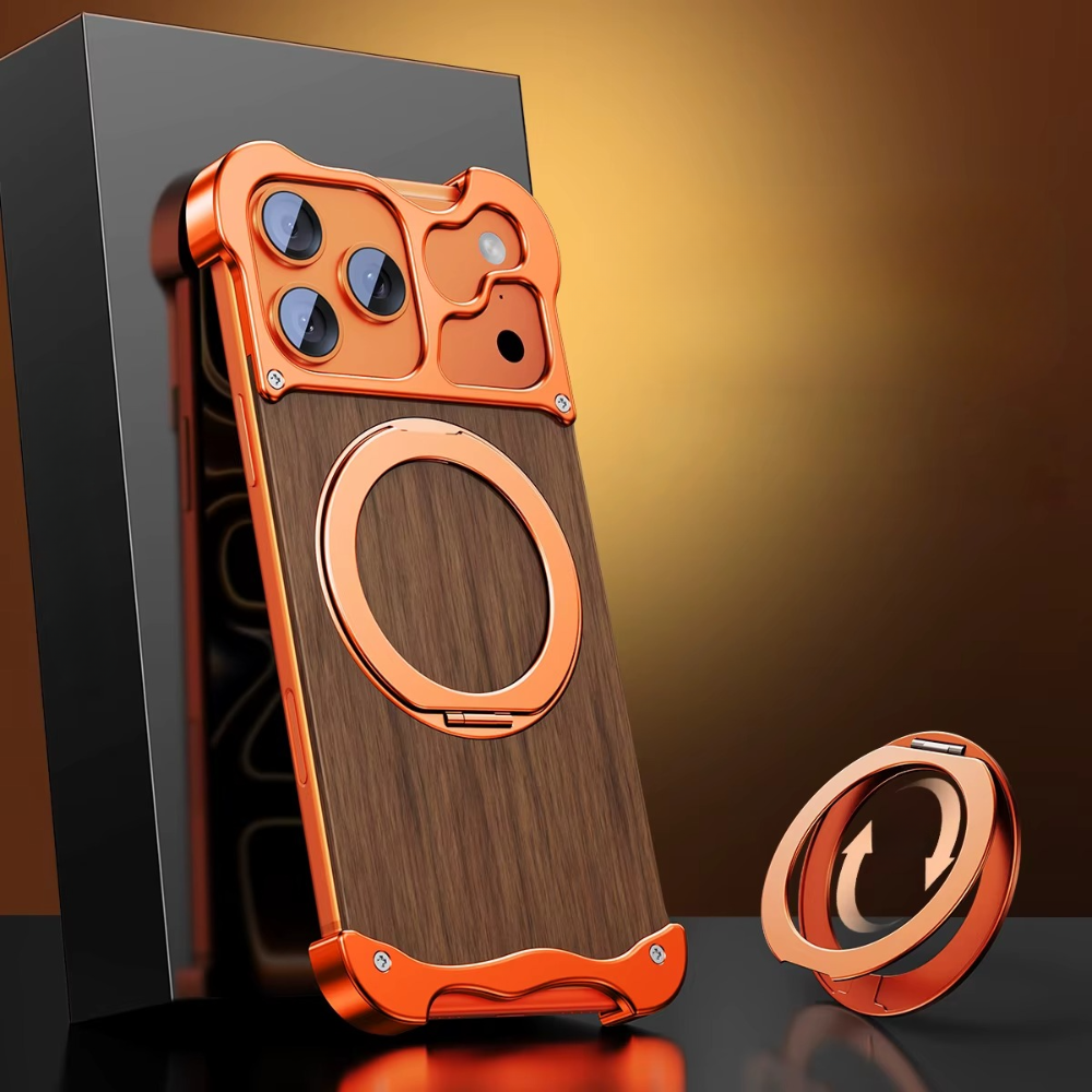 Luxury Wood & Aluminum iPhone Case – MagSafe Compatible Magnetic Cover with 360° Rotating Ring Stand, Shockproof Frame and Camera Lens Protection