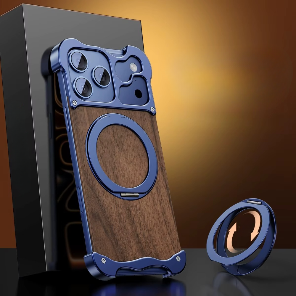 Luxury Wood & Aluminum iPhone Case – MagSafe Compatible Magnetic Cover with 360° Rotating Ring Stand, Shockproof Frame and Camera Lens Protection