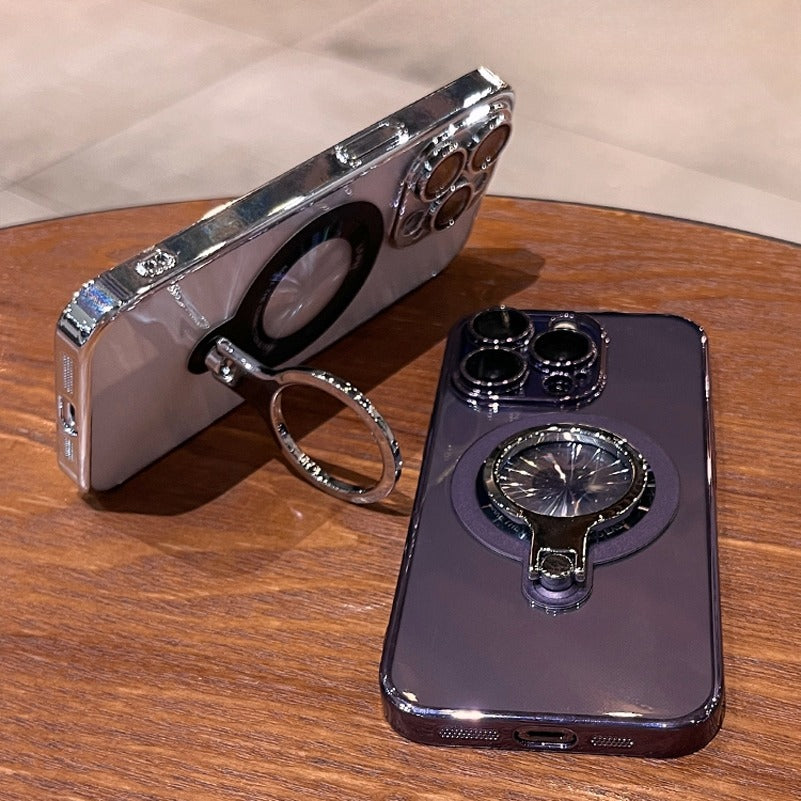 Luxury Ring Holder - Transparent Hard Acrylic Cover, Built-in Bracket, Magnetic Wireless Charging Compatible Case for iPhone