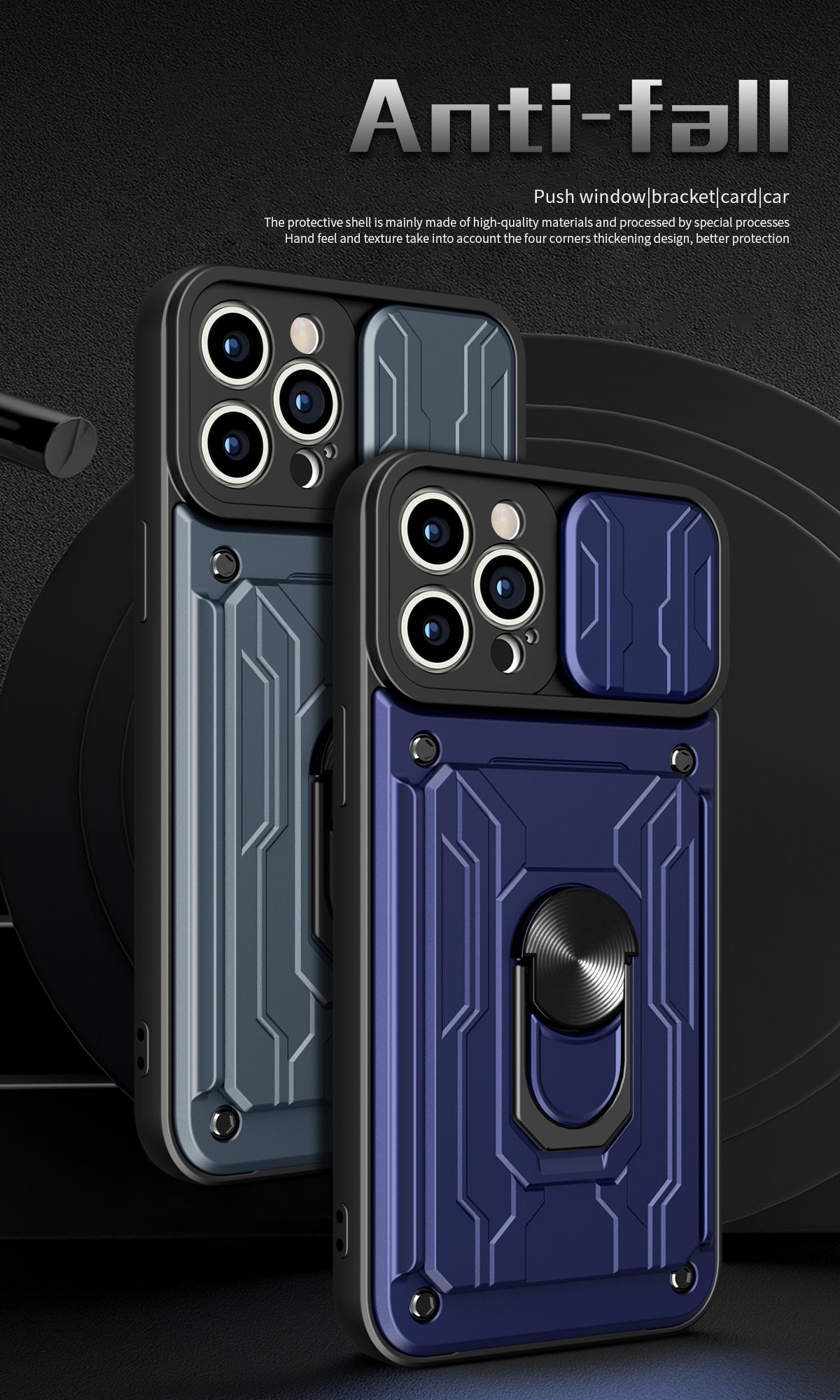 Hidden Slide Card Slot iPhone Case – Lens Protection, Magnetic Ring Stand, Shockproof Cover for iPhone Models