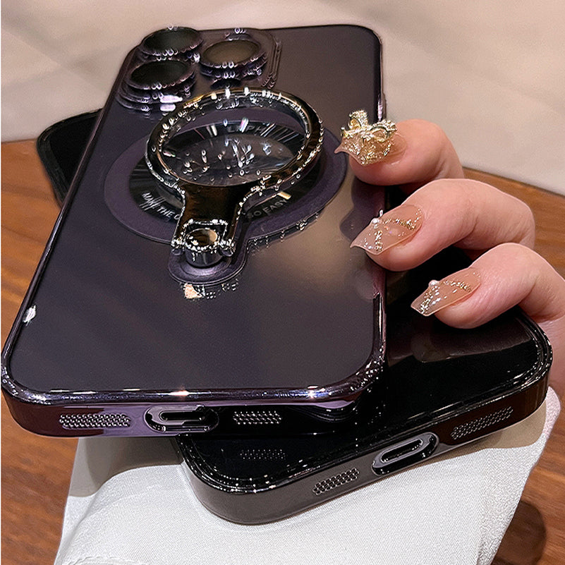 Luxury Ring Holder - Transparent Hard Acrylic Cover, Built-in Bracket, Magnetic Wireless Charging Compatible Case for iPhone
