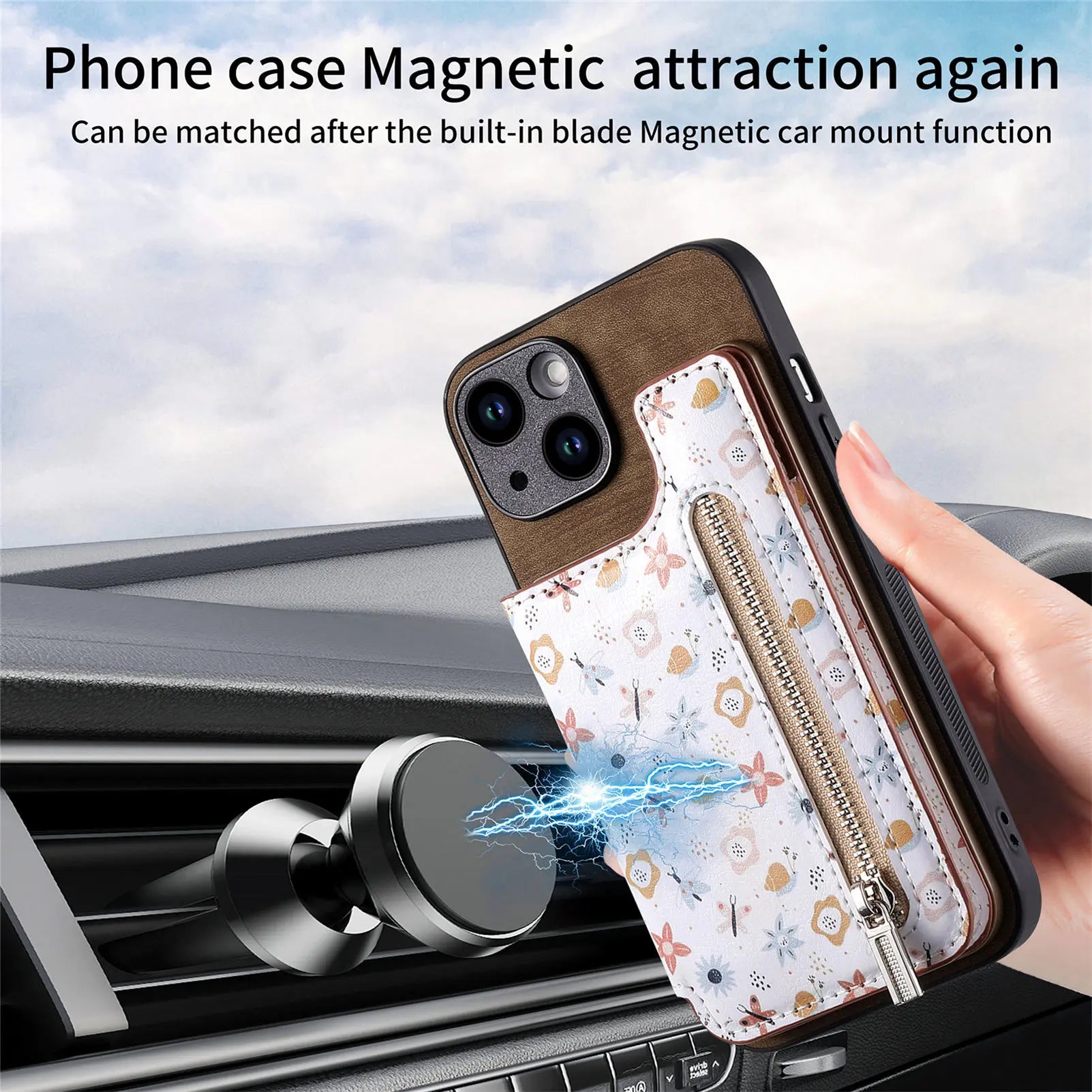 Zipper Card Slot Wallet iPhone Case – Magnetic Closure, Purse Pocket, Floral Design, Shockproof Protective Cover for iPhone
