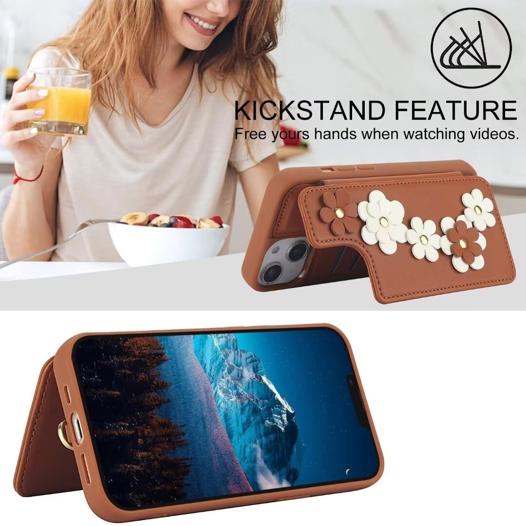 Luxury Crossbody Wallet Leather iPhone Case – 3D Flower Design, Card Slot, Wrist Strap, Magnetic Closure, Protective Cover