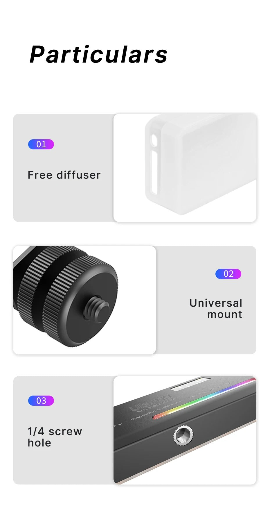 High Quality RGB LED Video Light Panel for Camera & Phone – 2500-9000K Bi-Color, CRI 95+, Diffuser, 3100mAh Battery, 360° Mount, 120 Lamp Beads