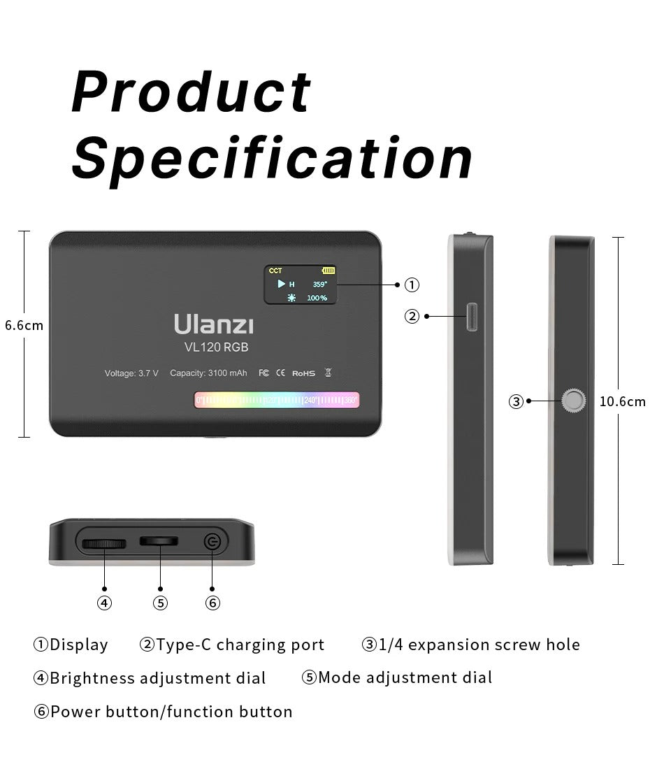 High Quality RGB LED Video Light Panel for Camera & Phone – 2500-9000K Bi-Color, CRI 95+, Diffuser, 3100mAh Battery, 360° Mount, 120 Lamp Beads