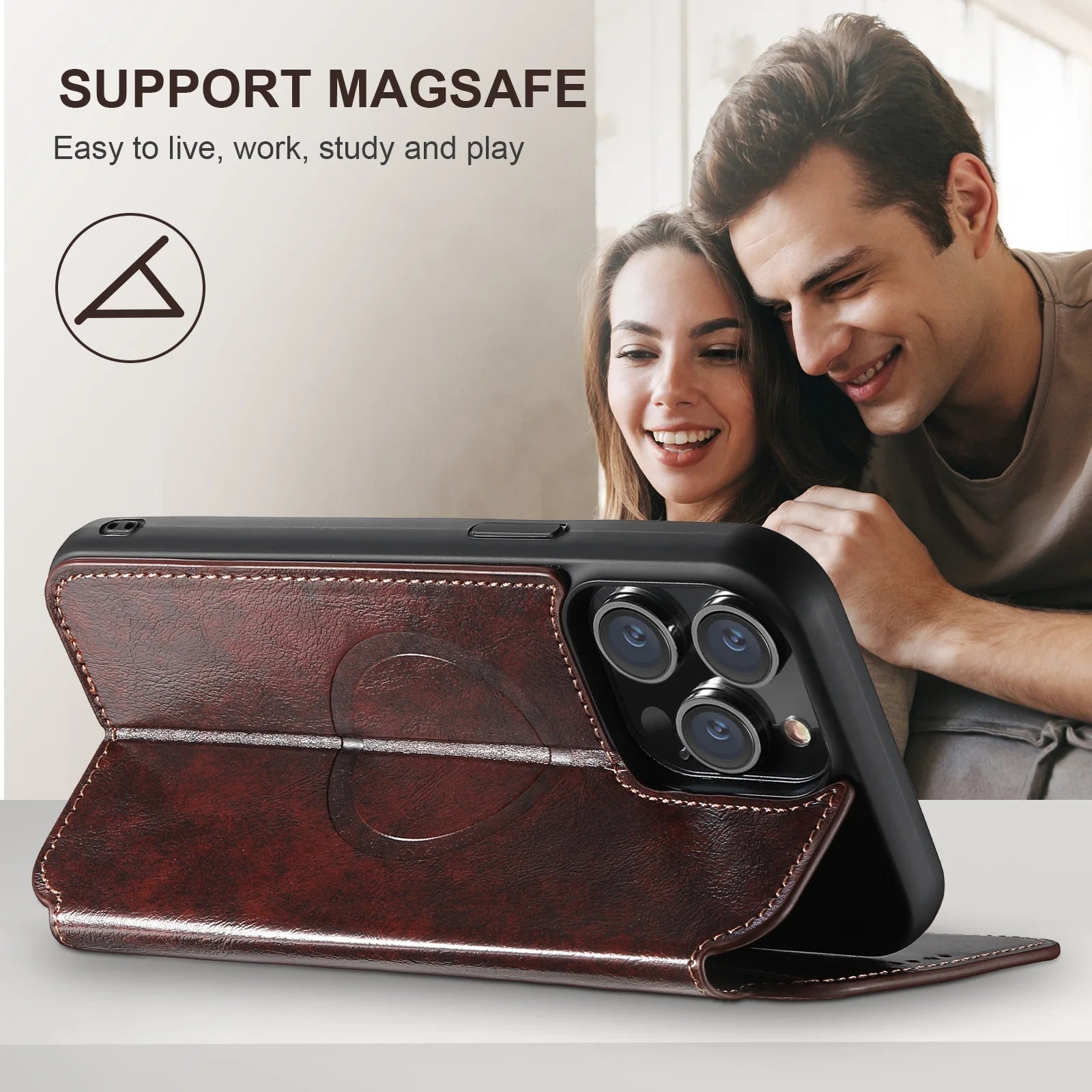 Luxury Leather Magnetic Flip iPhone Case – MagSafe Wallet Card Holder, Wireless Charging Compatible, Shockproof Protection, Elegant Design for iPhone Models