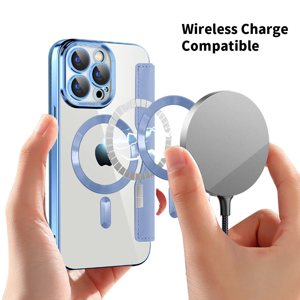 Luxury MagSafe Wallet iPhone Case – Grid Leather Flip Cover, Magnetic Card Holder, Shockproof Protection, Wireless Charging Compatible, Premium Design for iPhone Models