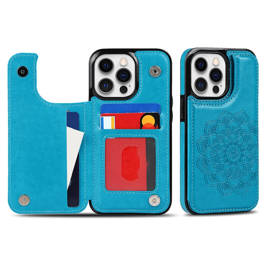 Luxury Wallet Datura Double Buckle iPhone Case – Magnetic Flip, Card Slot, Protective & Stylish Leather Cover Case for iPhone