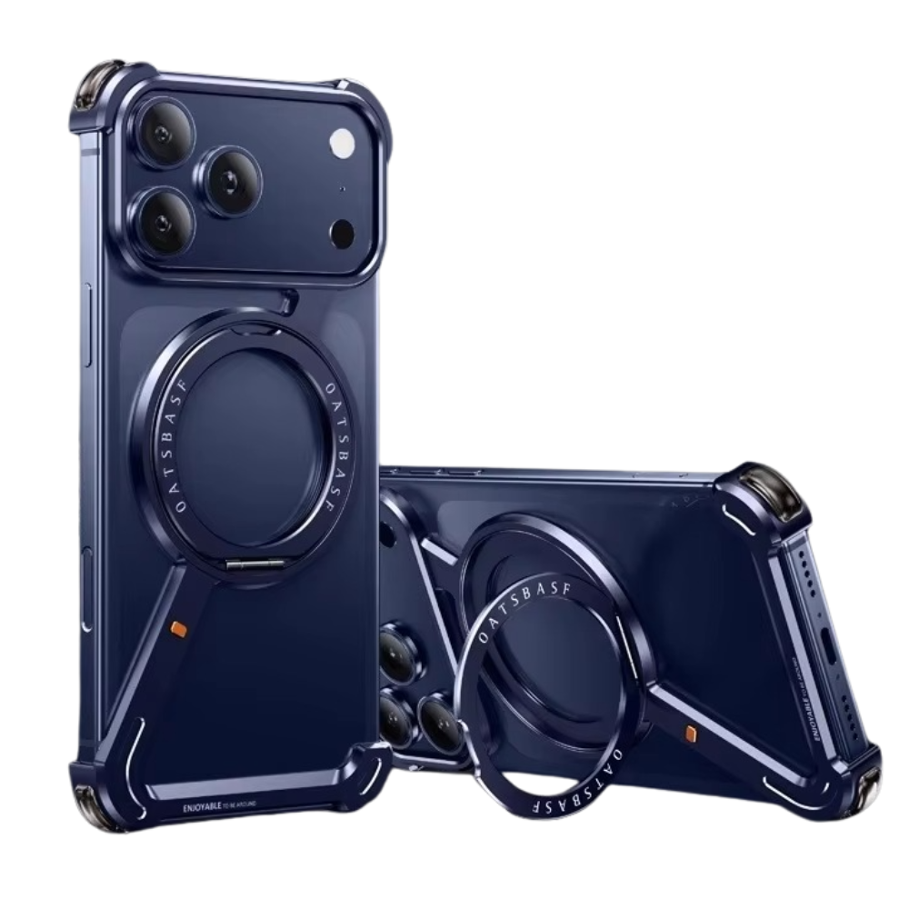 Premium Aluminum Magnetic iPhone Case – MagSafe Compatible Frameless Shockproof Protector with 360° Rotating Stand Ring and Camera Lens Guard