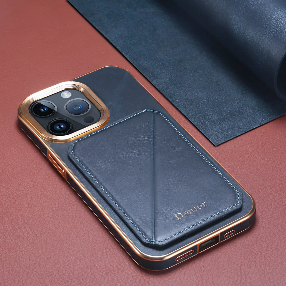 Luxury Cowhide Leather Wallet iPhone Case – Magnetic Card Holder, Plating Shell, Shockproof Protection, Premium Design for iPhone Models