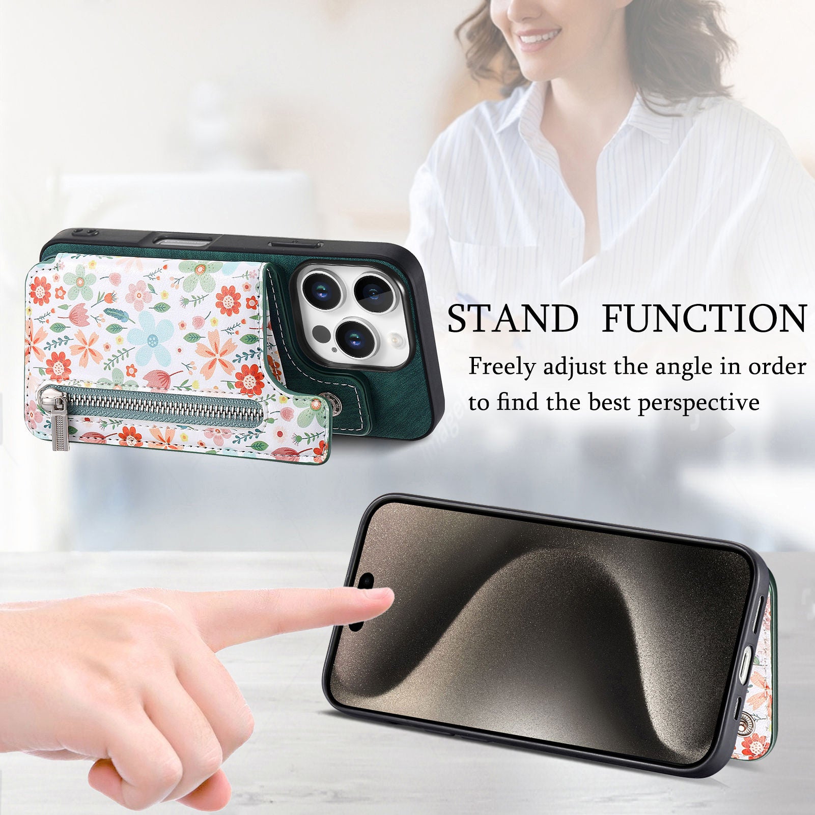 Zipper Card Slot Wallet iPhone Case – Magnetic Closure, Purse Pocket, Floral Design, Shockproof Protective Cover for iPhone