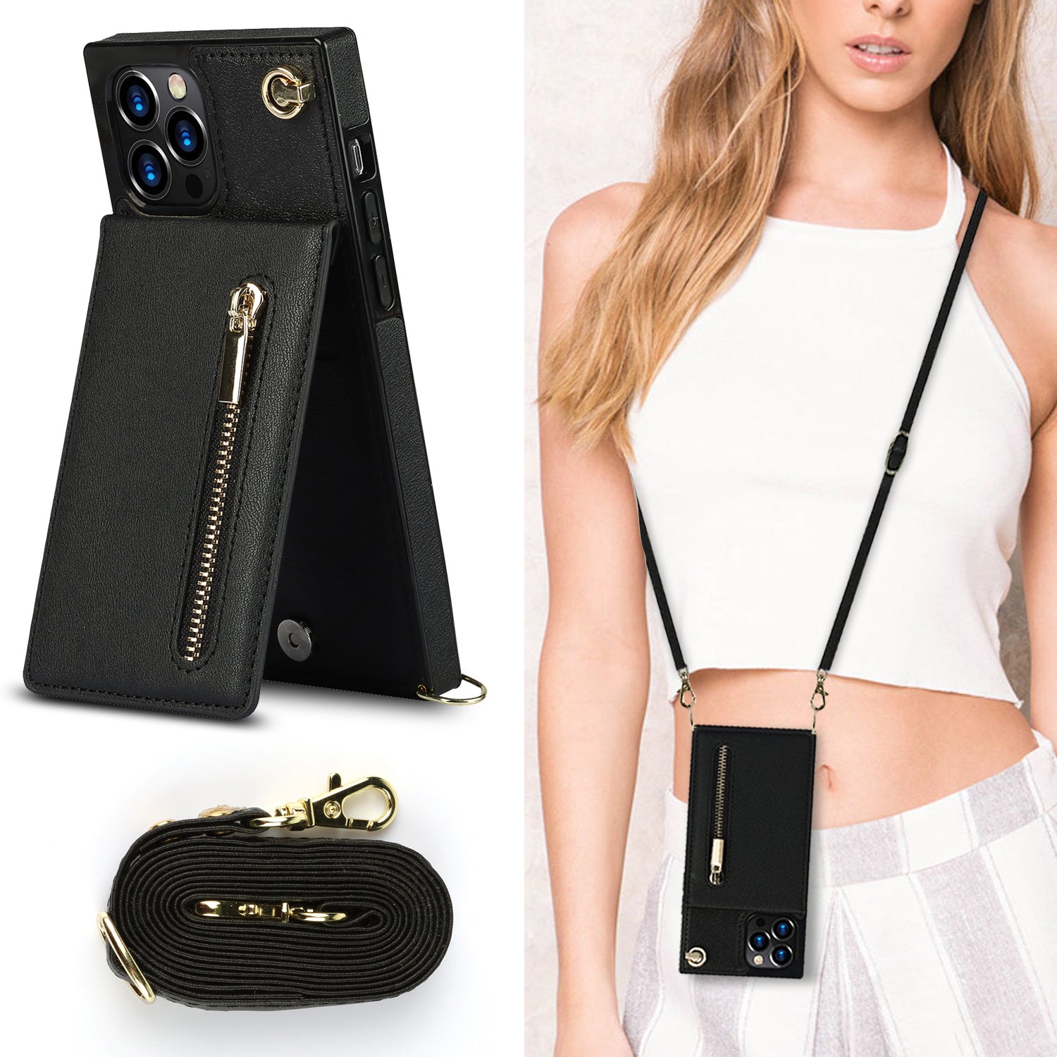 Luxury Zipper Wallet Crossbody Leather iPhone Case Card Holder, Lanyard Strap Magnetic Closure, Stylish Flip Cover for iPhone
