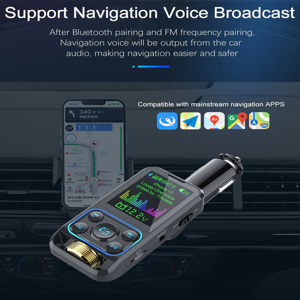 Premium, 1.8-Inch, Wireless Bluetooth FM Transmitter for Car, AUX Support, QC3.0 Charging, Treble, Bass Adjustment,