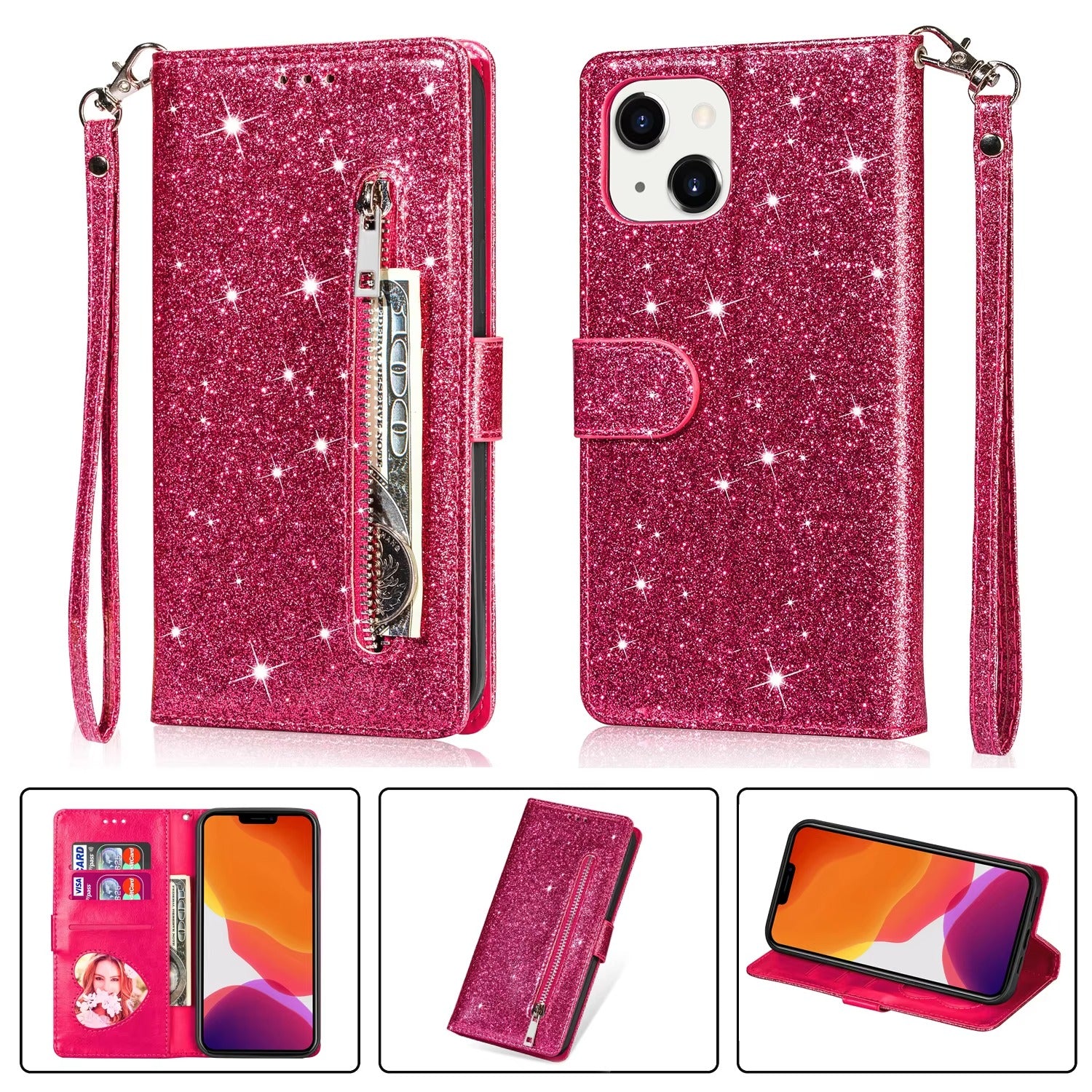 Luxury Apple iPhone Case, MagSafe Compatible, Camera Lens and Screen Protection, Ultra Thin, Shockproof, Magnetic, Full All Around Protection, Glitter Zipper Wallet Cover