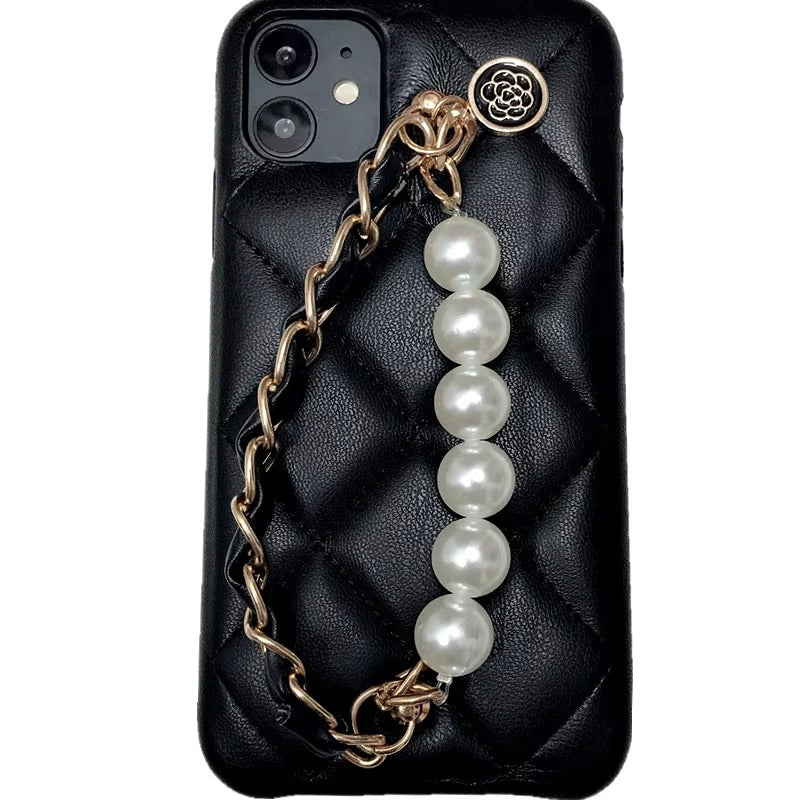 Luxury Apple iPhone Case, MagSafe Compatible, Camera Lens & Screen Protection, Ultra Thin, Shockproof, Magnetic Full All Around Cover – Pearl Metal Hand Chain Case with Lattice Lambskin Pattern for Women