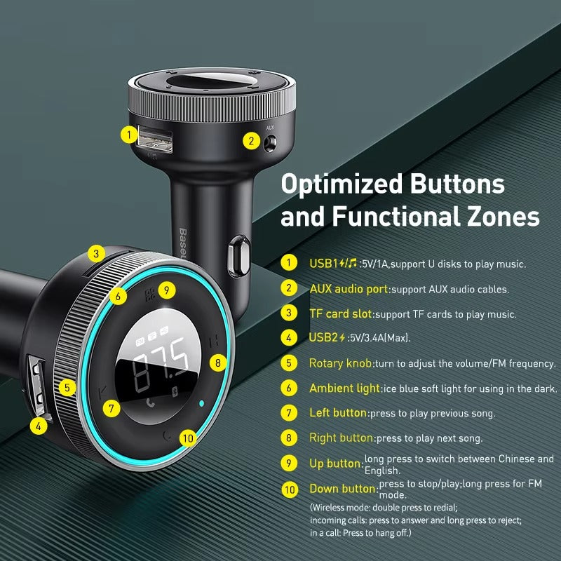 Premium Bluetooth 5.0 FM Transmitter for Car – Wireless Modulator with USB Fast Charger, AUX Port, MP3 Player