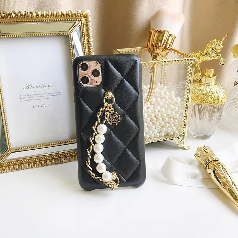 Luxury Apple iPhone Case, MagSafe Compatible, Camera Lens & Screen Protection, Ultra Thin, Shockproof, Magnetic Full All Around Cover – Pearl Metal Hand Chain Case with Lattice Lambskin Pattern for Women
