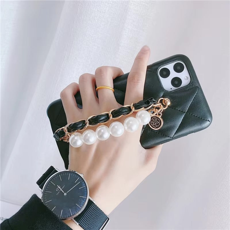 Luxury Apple iPhone Case, MagSafe Compatible, Camera Lens & Screen Protection, Ultra Thin, Shockproof, Magnetic Full All Around Cover – Pearl Metal Hand Chain Case with Lattice Lambskin Pattern for Women