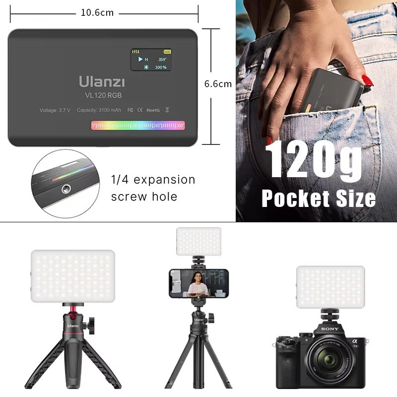 High Quality RGB LED Video Light Panel for Camera & Phone – 2500-9000K Bi-Color, CRI 95+, Diffuser, 3100mAh Battery, 360° Mount, 120 Lamp Beads
