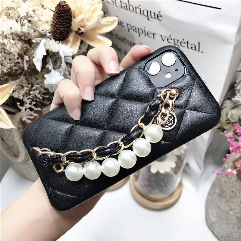Luxury Apple iPhone Case, MagSafe Compatible, Camera Lens & Screen Protection, Ultra Thin, Shockproof, Magnetic Full All Around Cover – Pearl Metal Hand Chain Case with Lattice Lambskin Pattern for Women