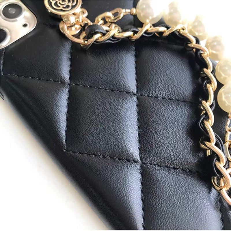 Luxury Apple iPhone Case, MagSafe Compatible, Camera Lens & Screen Protection, Ultra Thin, Shockproof, Magnetic Full All Around Cover – Pearl Metal Hand Chain Case with Lattice Lambskin Pattern for Women
