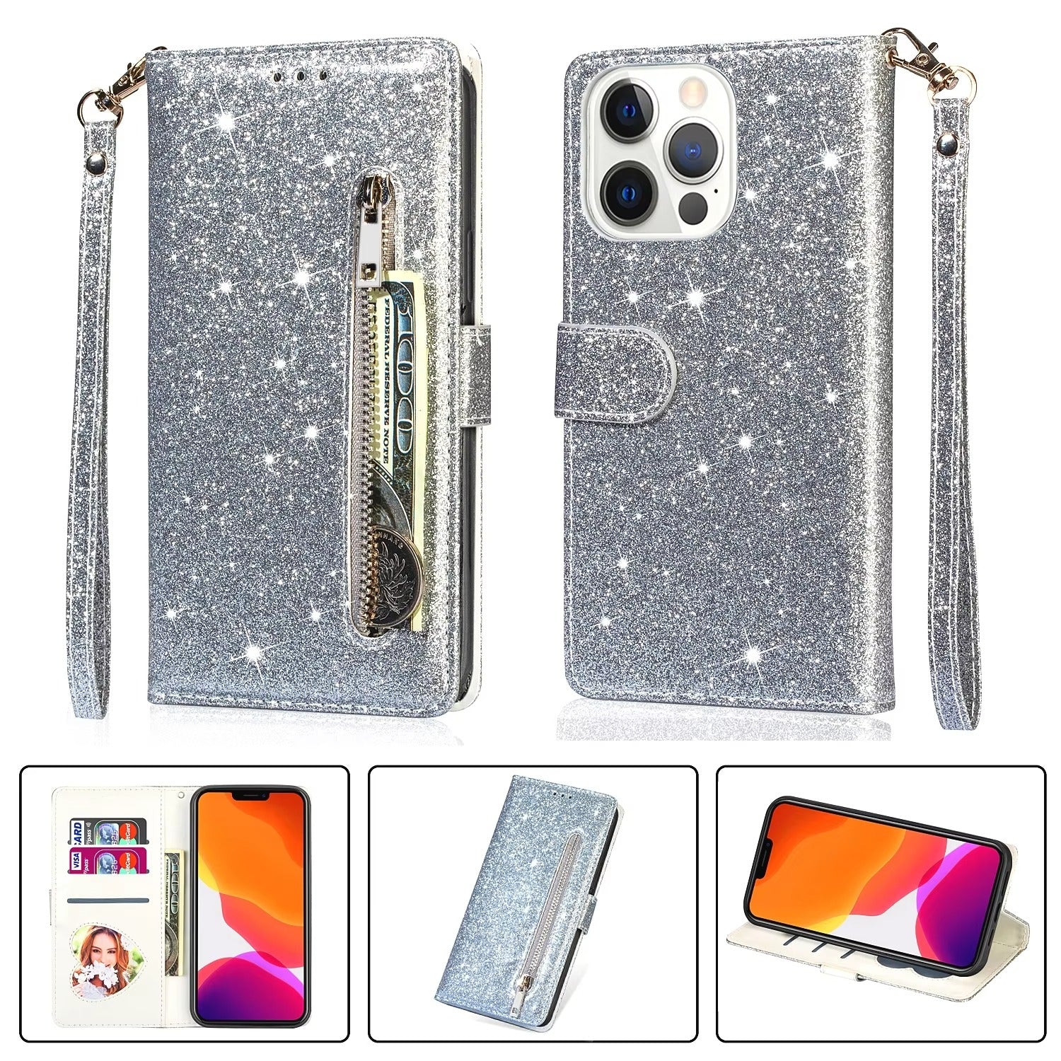 Luxury Apple iPhone Case, MagSafe Compatible, Camera Lens and Screen Protection, Ultra Thin, Shockproof, Magnetic, Full All Around Protection, Glitter Zipper Wallet Cover