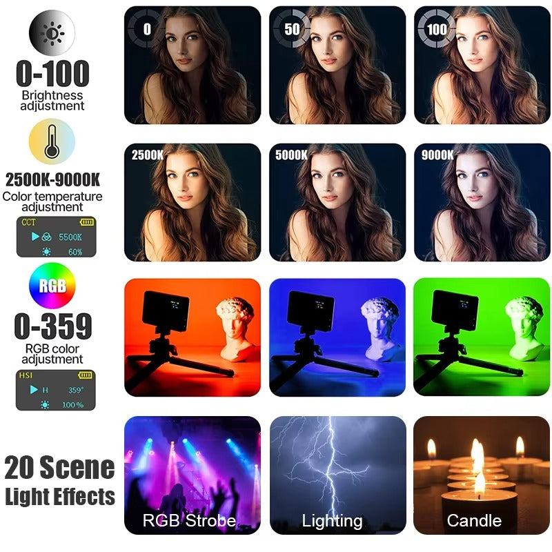 High Quality RGB LED Video Light Panel for Camera & Phone – 2500-9000K Bi-Color, CRI 95+, Diffuser, 3100mAh Battery, 360° Mount, 120 Lamp Beads