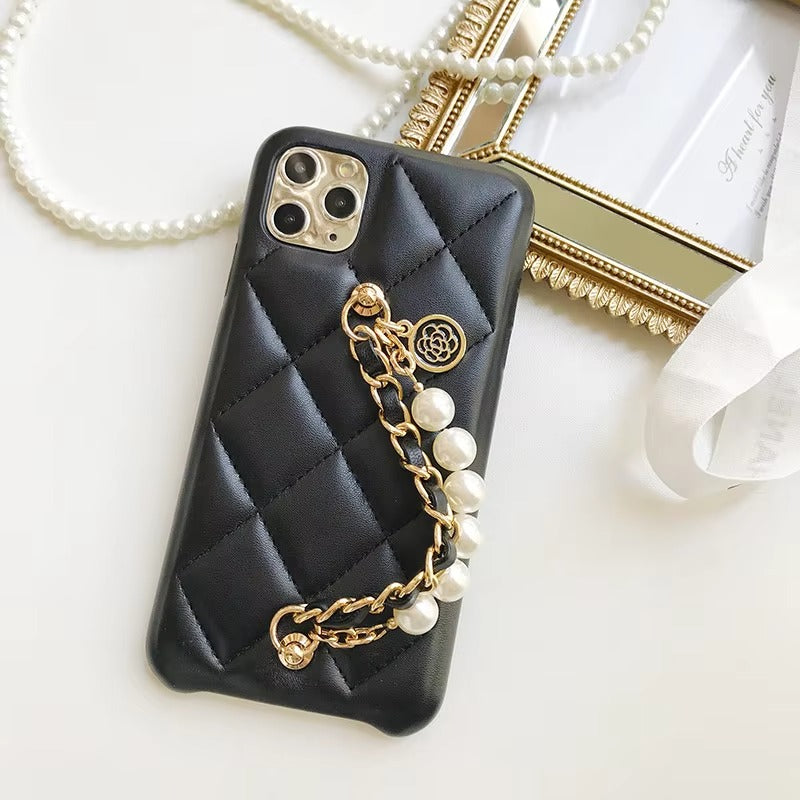 Luxury Apple iPhone Case, MagSafe Compatible, Camera Lens & Screen Protection, Ultra Thin, Shockproof, Magnetic Full All Around Cover – Pearl Metal Hand Chain Case with Lattice Lambskin Pattern for Women