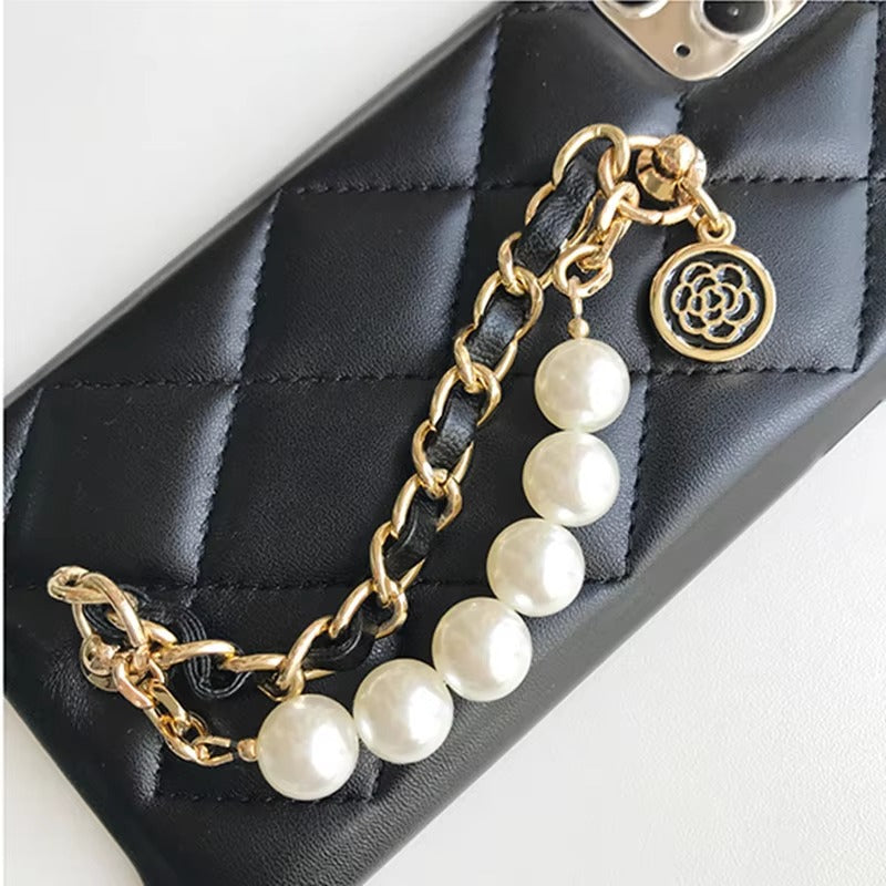 Luxury Apple iPhone Case, MagSafe Compatible, Camera Lens & Screen Protection, Ultra Thin, Shockproof, Magnetic Full All Around Cover – Pearl Metal Hand Chain Case with Lattice Lambskin Pattern for Women