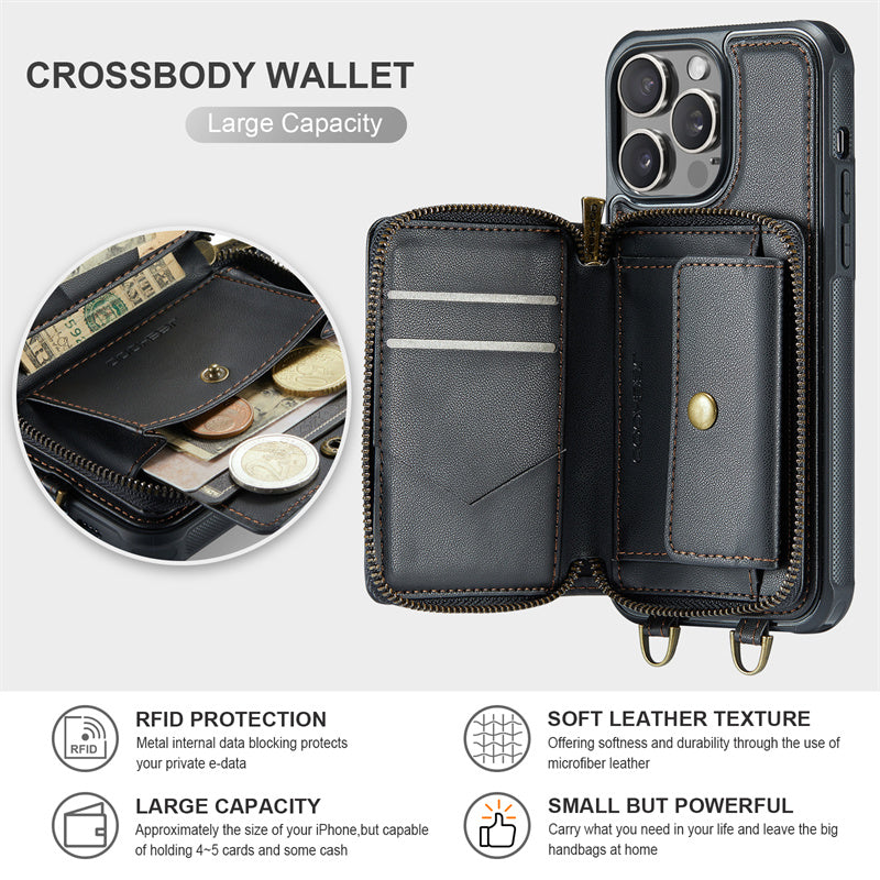 Luxury Leather Wallet Crossbody iPhone Case – Card Slot Holder, Stand Function, Hand Lanyard Strap, Shockproof Protection for iPhone