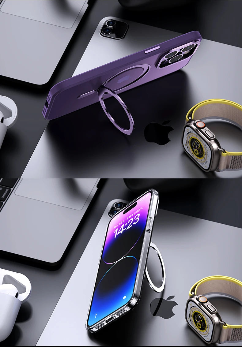 Luxury Magnetic 360° Rotating Stand Frosted Transparent Cover with Ring Holder Shockproof & Hands-Free Design Case for iPhone
