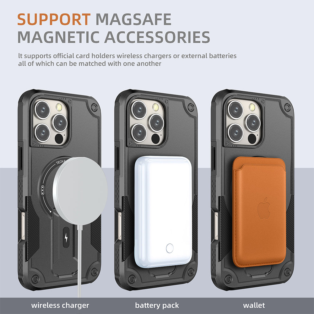 Deluxe Armor Stealth Bracket iPhone Case – Magnetic Super Fall Proof, Hard Shell with Lanyard, Protection for iPhone Models