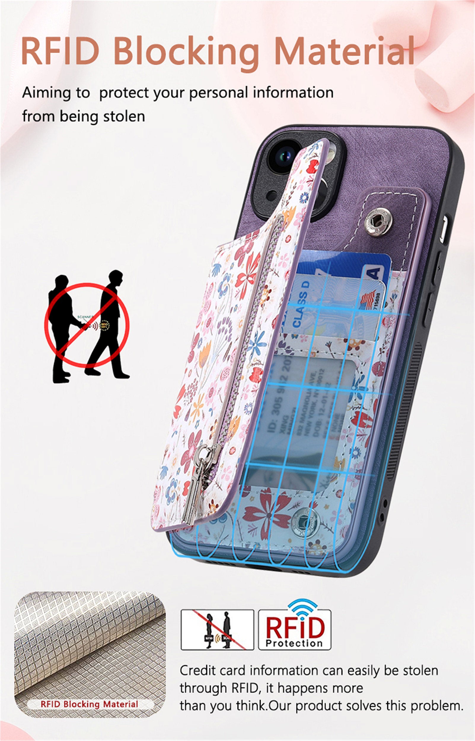 Zipper Card Slot Wallet iPhone Case – Magnetic Closure, Purse Pocket, Floral Design, Shockproof Protective Cover for iPhone