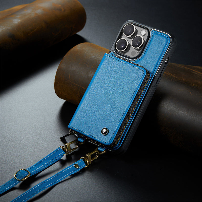 Luxury Leather Wallet Crossbody iPhone Case – Card Slot Holder, Stand Function, Hand Lanyard Strap, Shockproof Protection for iPhone