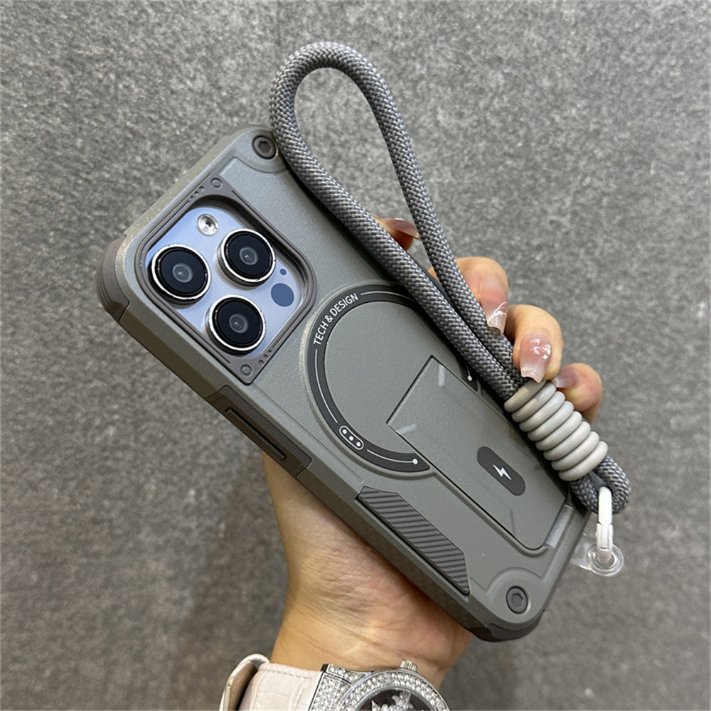 Deluxe Armor Stealth Bracket iPhone Case – Magnetic Super Fall Proof, Hard Shell with Lanyard, Protection for iPhone Models