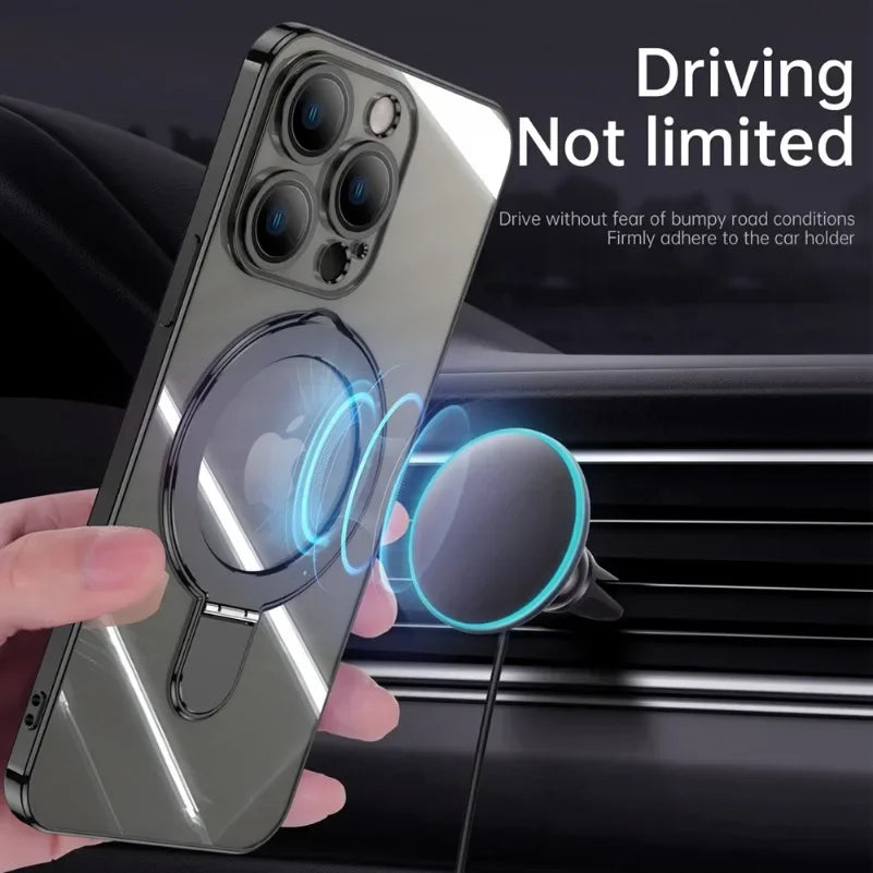 Luxury Plating MagSafe iPhone Case Transparent Acrylic Magnetic Cover with Stand Holder Shockproof PC Bumper Case for iPhone