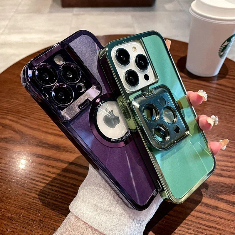 Premium Aurora Magsafe iPhone Case – Magnetic Plating CD Pattern, Shockproof, Stand Bracket, Logo Hole, Durable Protection,