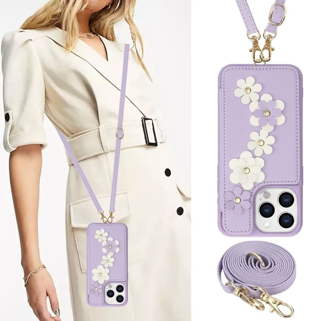 Luxury Crossbody Wallet Leather iPhone Case – 3D Flower Design, Card Slot, Wrist Strap, Magnetic Closure, Protective Cover